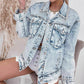 Retro Rhinestone Fringed Collar Light Wash Denim Jacket