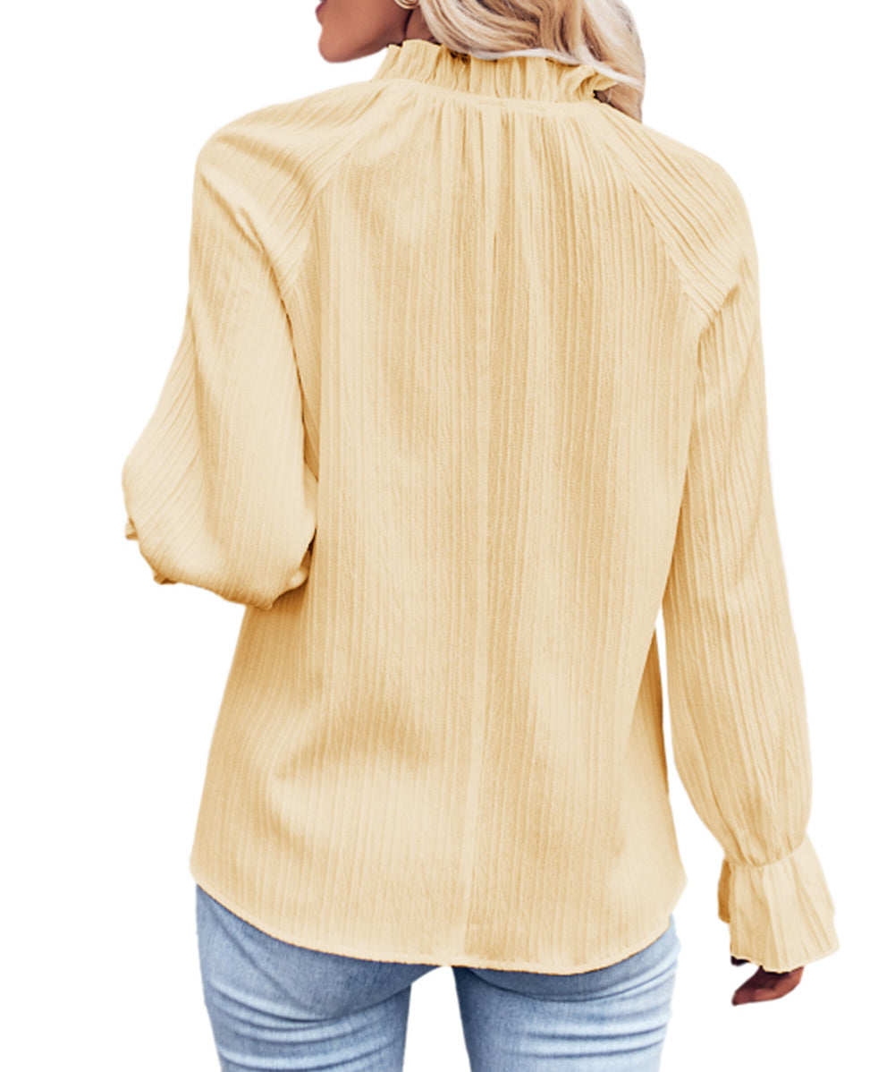 Frilled Mock Neck Ripple Bubble Sleeve Blouse