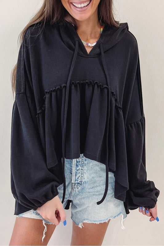 Oversized Ruffled High Low Hem Drop Shoulder Hoodie