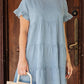 Sky Blue Ruffled Short Sleeves Tiered Denim Dress