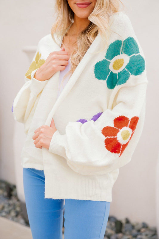 Flower Jacquared Bubble Sleeve Open Cardigan