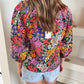 Floral Print Bracelet Sleeve Notch V Neck Blouse