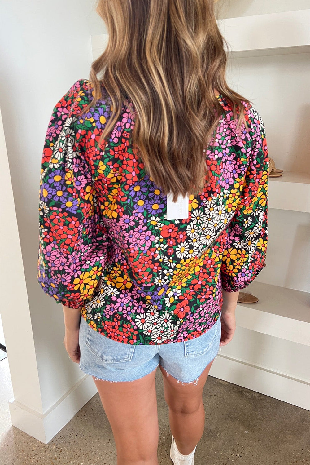 Floral Print Bracelet Sleeve Notch V Neck Blouse