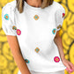Embroidered Flower Short Puff Sleeve Tee