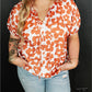 Plus Size Floral Print Drawstring V Neck Short Sleeve Blouse