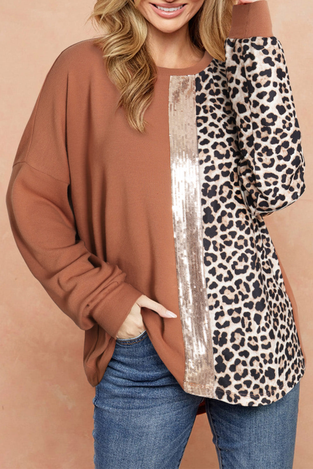 Leopard Print Sequin Colorblock Long Sleeve Top