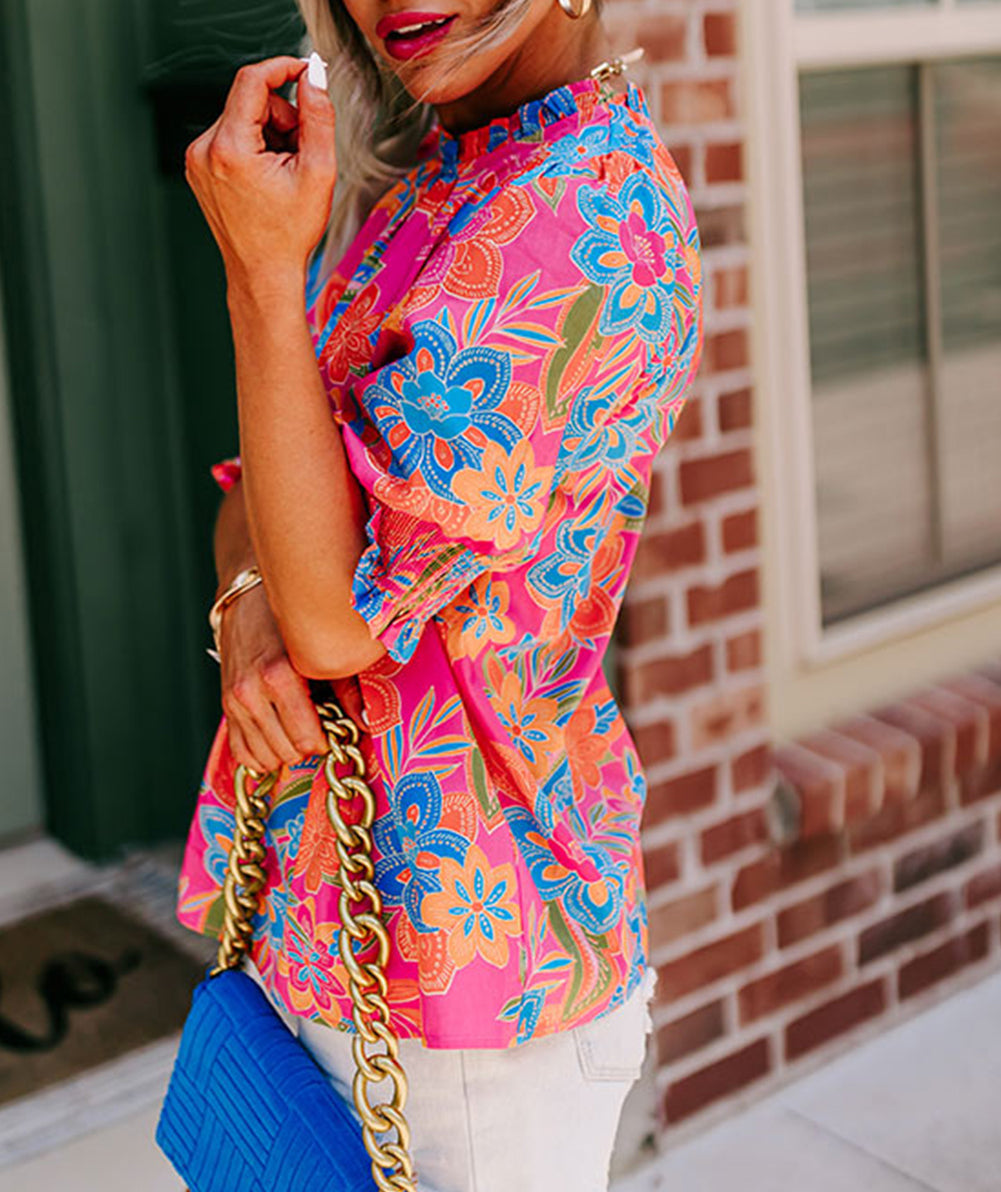 Frilly Mock Neck Short Puff Sleeve Floral Blouse