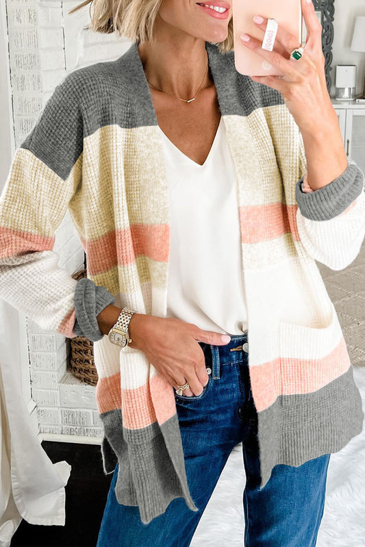 Color Block Striped Pocketed Open Cardigan