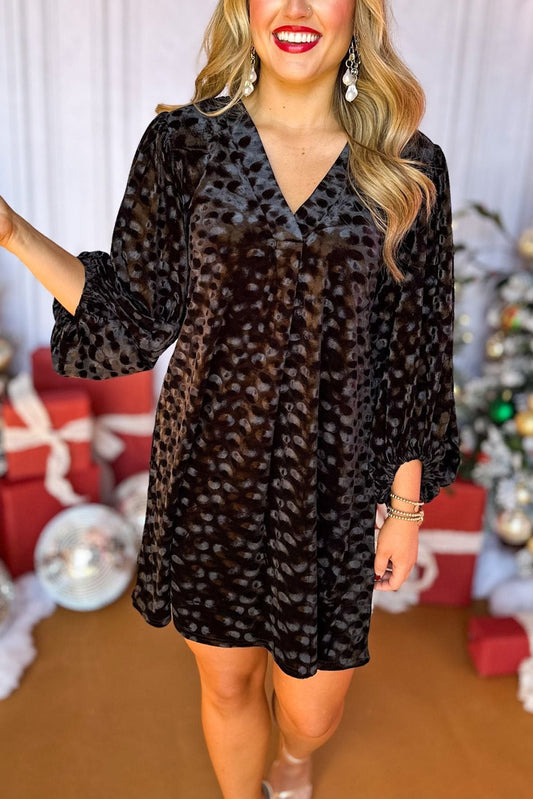 Textured V Neck Balloon Sleeve Velvet Mini Dress