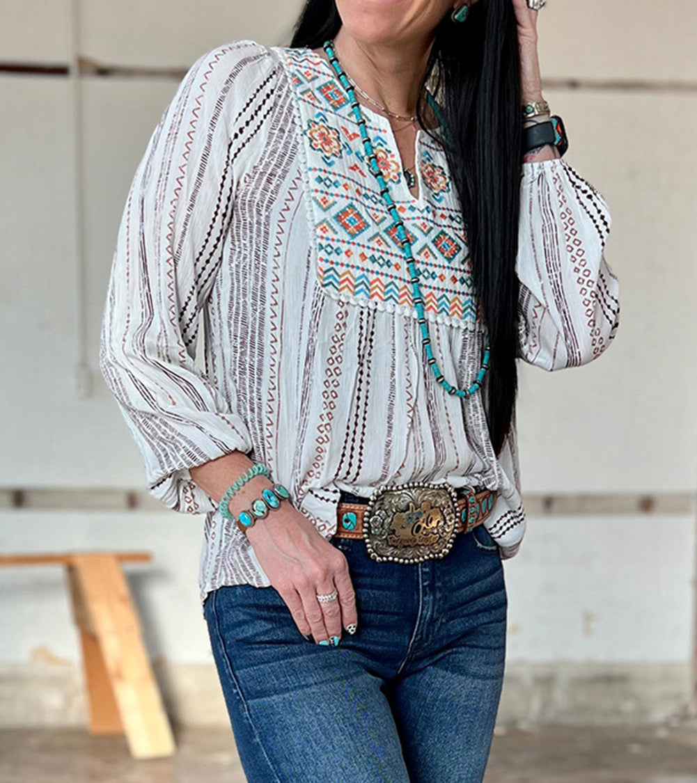 Stripe Notched Neckline Striped Aztec Embroidered Blouse