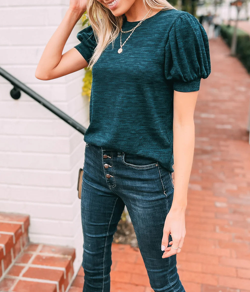 Sapphire Solid Button Back Puff Short Sleeve Top