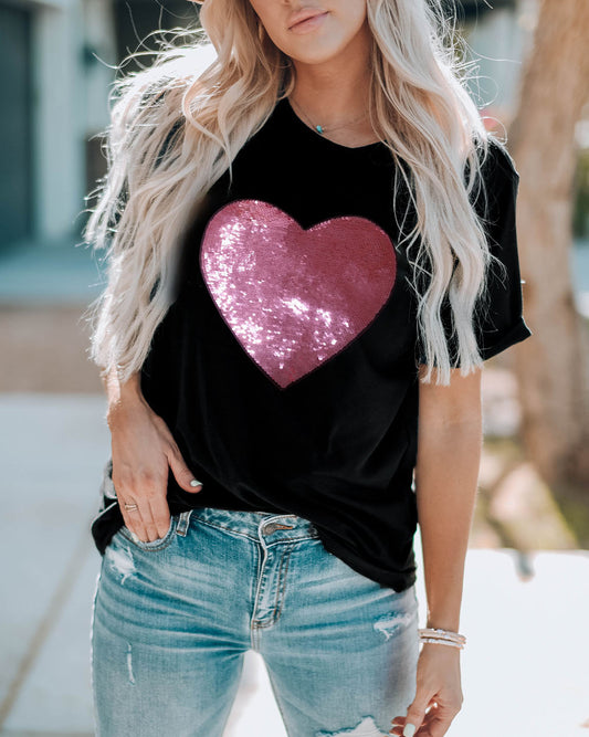 Valentine Sequin Heart Shaped Crew Neck T Shirt