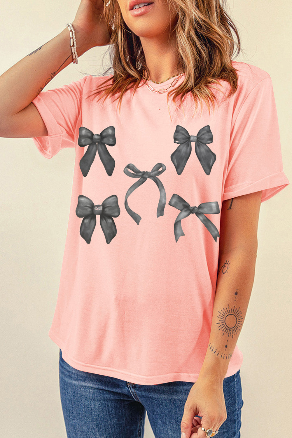 Bow Knots Print Slim Fit Crew Neck T Shirt