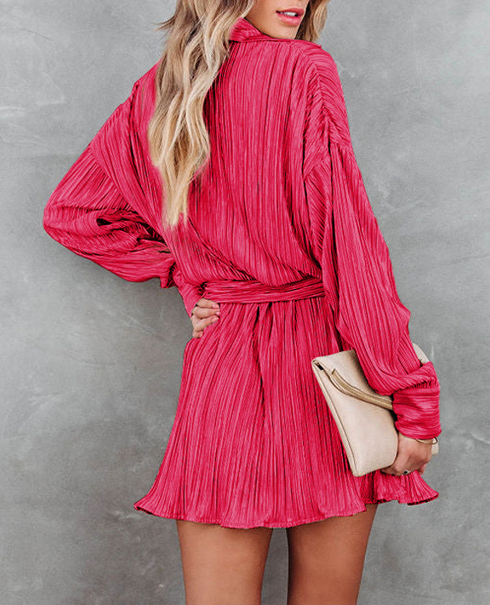Pleated Buckle Belt Drop Shoulder Shirt Mini Dress