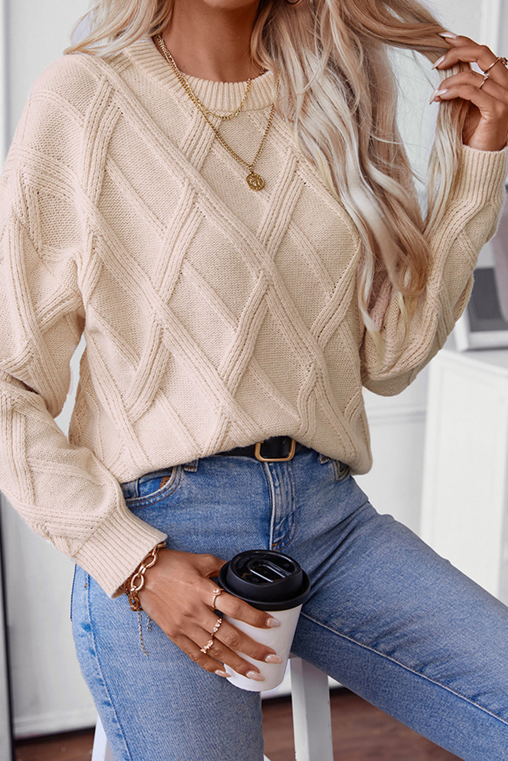 Diamond Pattern Textured Crew Neck Sweater