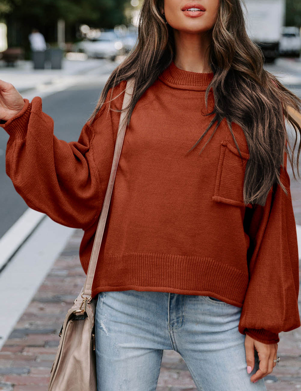 Raw Edge Patch Pocket Exposed Seam Loose Sweater