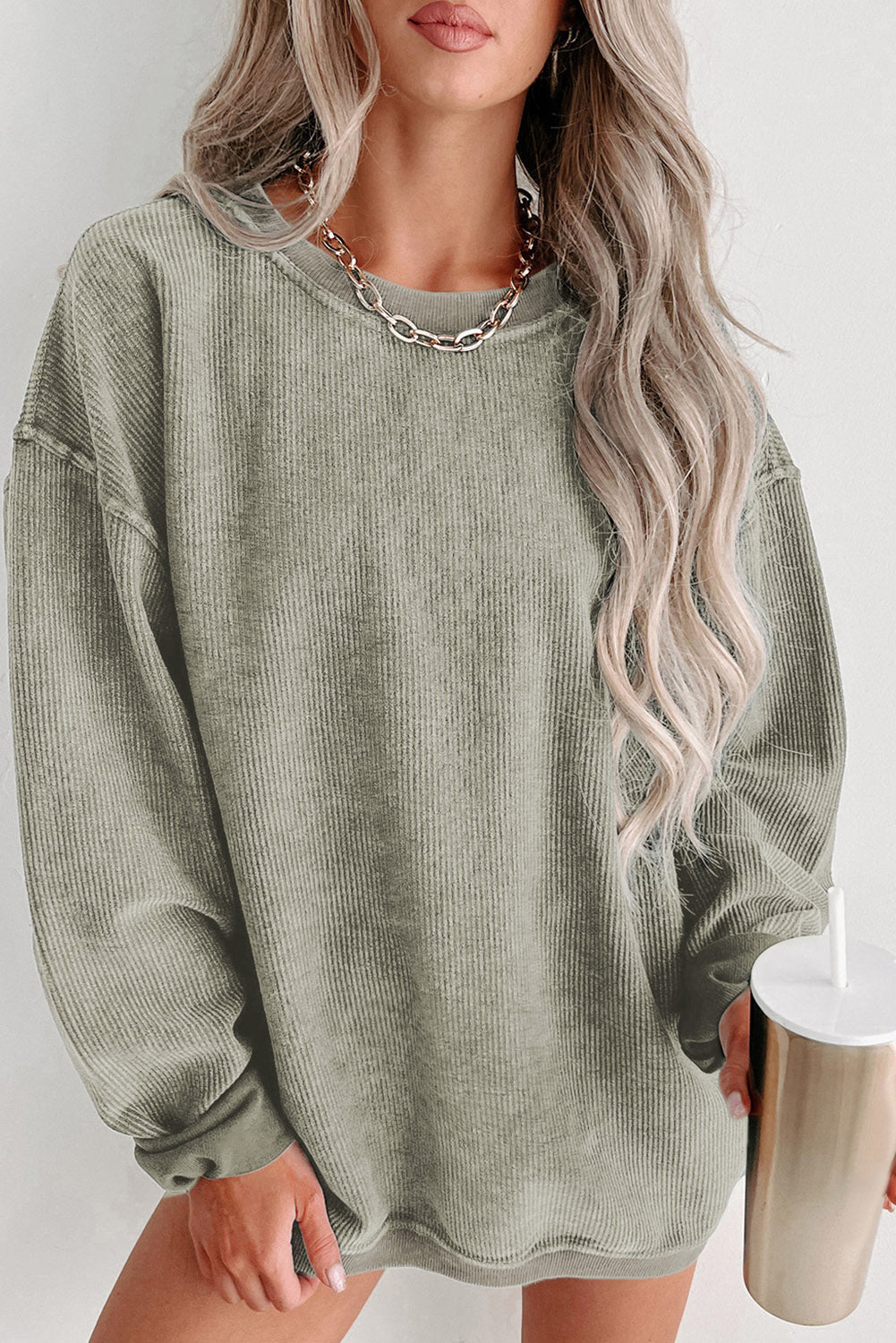 Solid Ribbed Knit Round Neck Pullover Sweatshirt