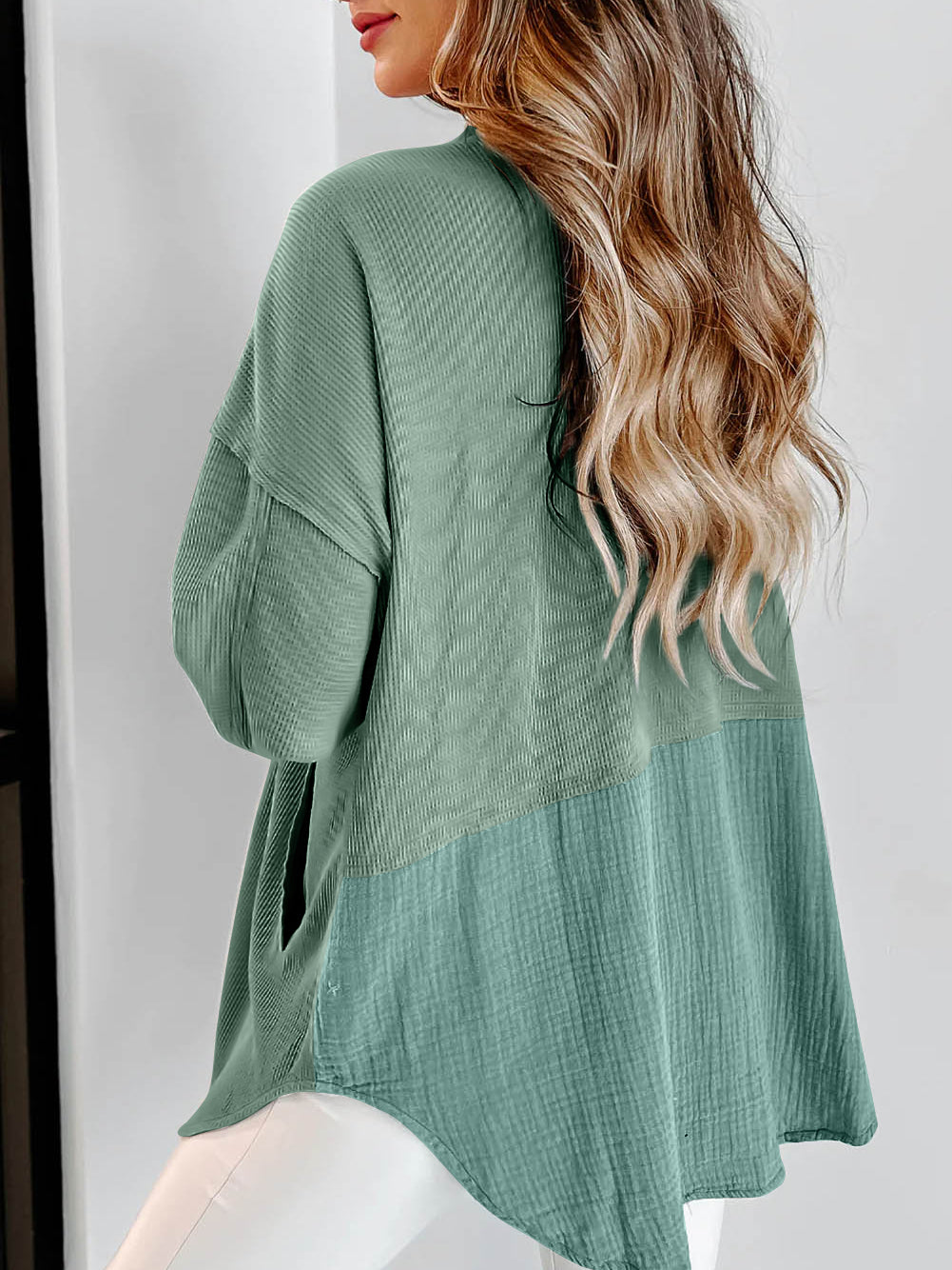 Mix Textured Stitching Flap Pocket Tunic Shacket