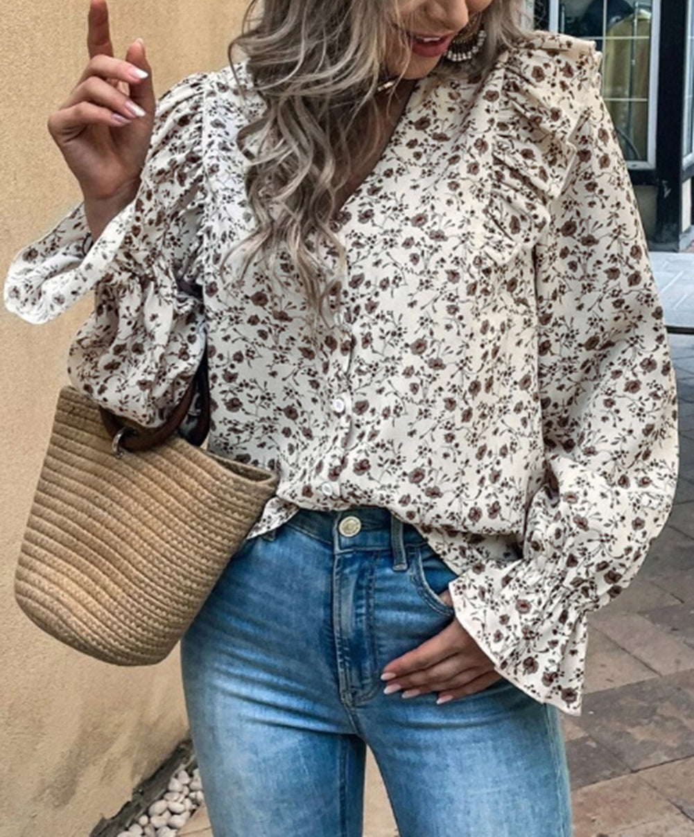 Floral Print V Neck Ruffled Blouse
