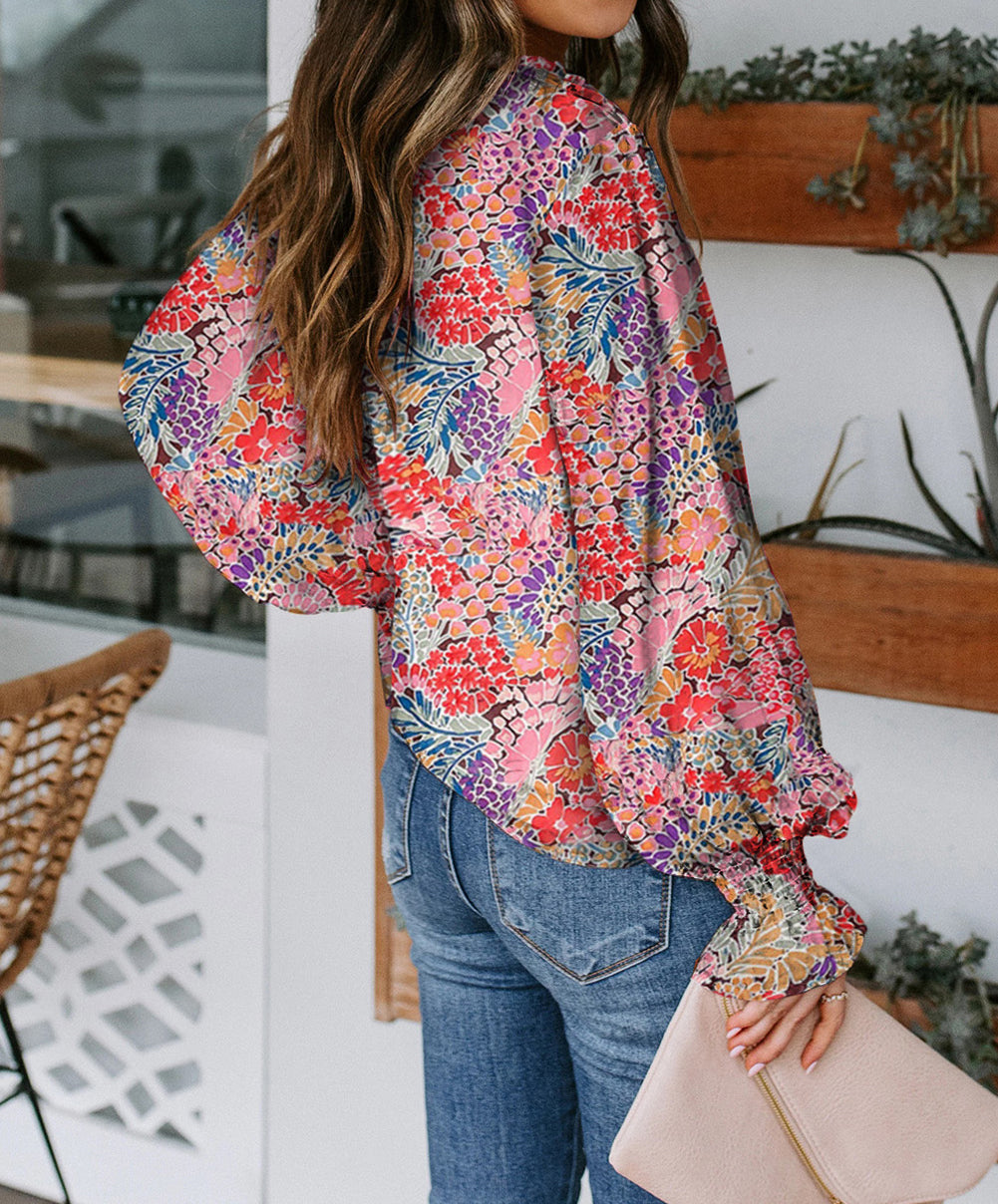 Red Cakewalk Floral Smocked Blouse