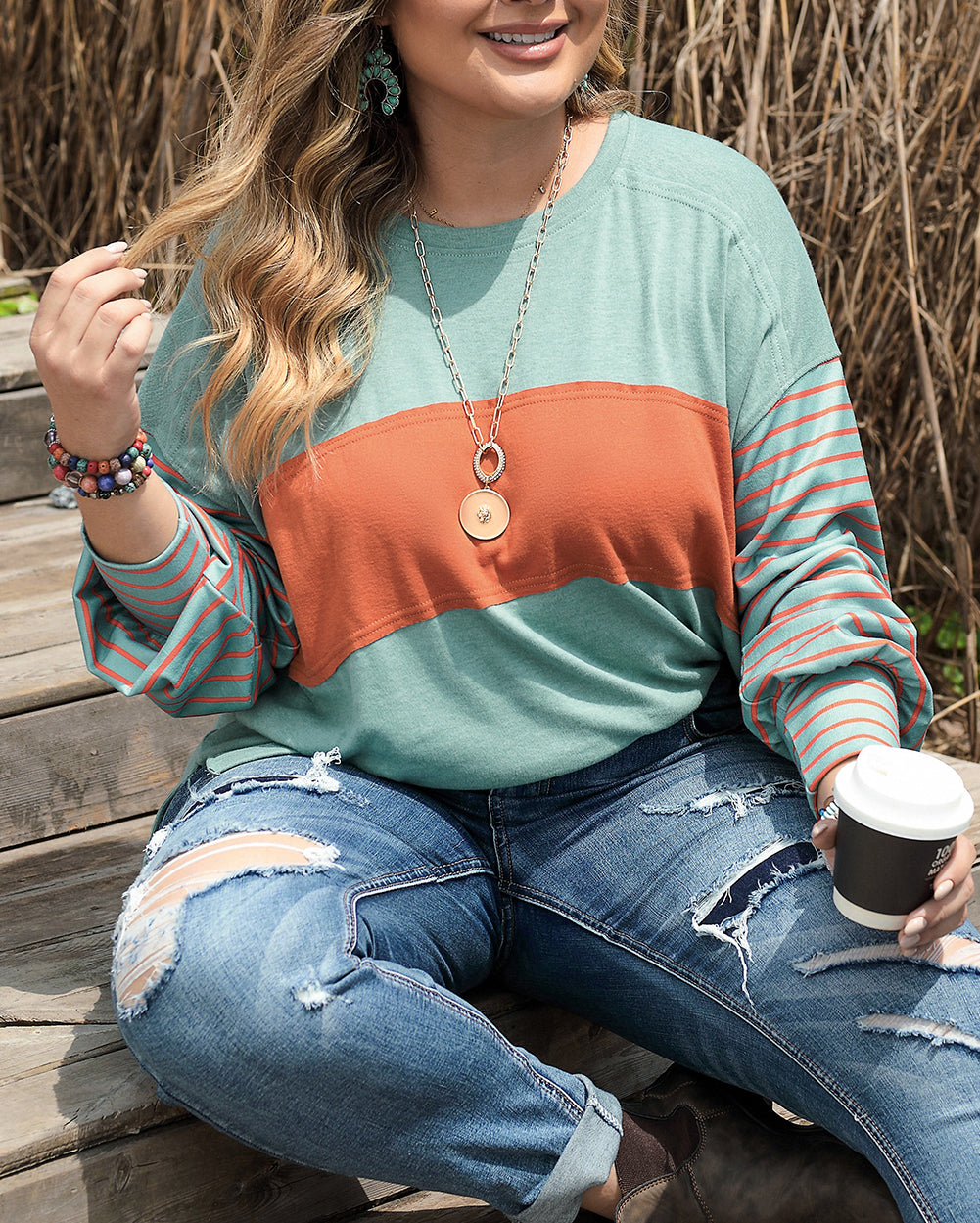 Plus Size Striped Long Sleeve Colorblock Tee with Slits
