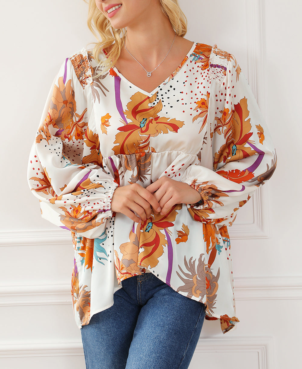 Floral Print V Neck Babydoll Blouse
