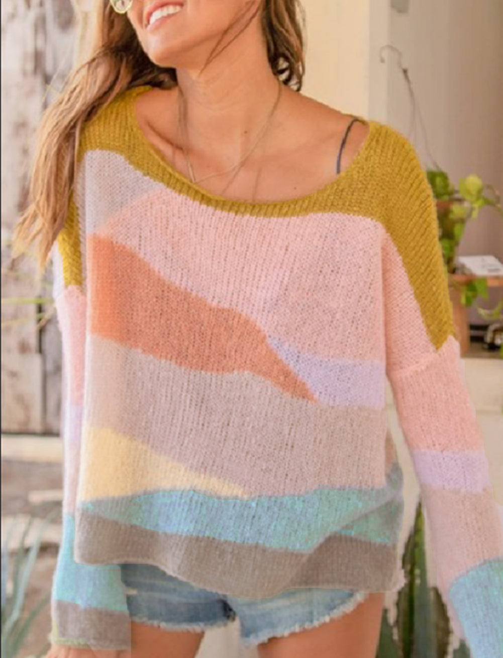 Multicolor Contrast Blocks Drop Shoulder Sweater