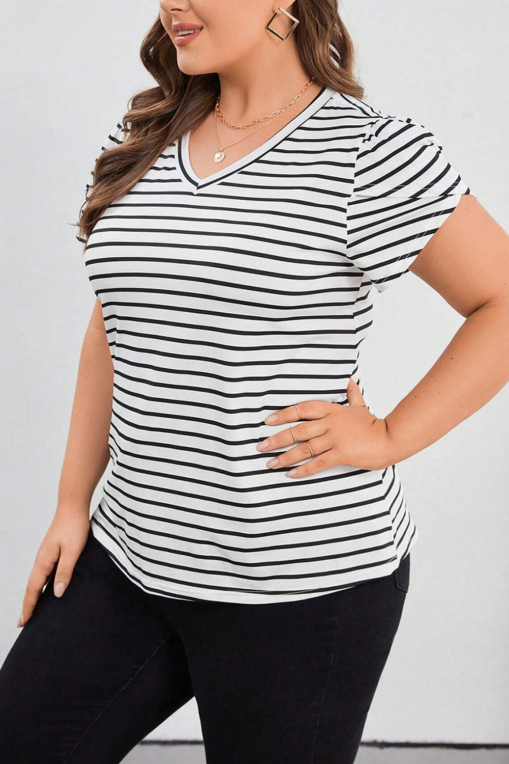 Stripe V Neck Petal Sleeve Plus Size T-Shirt