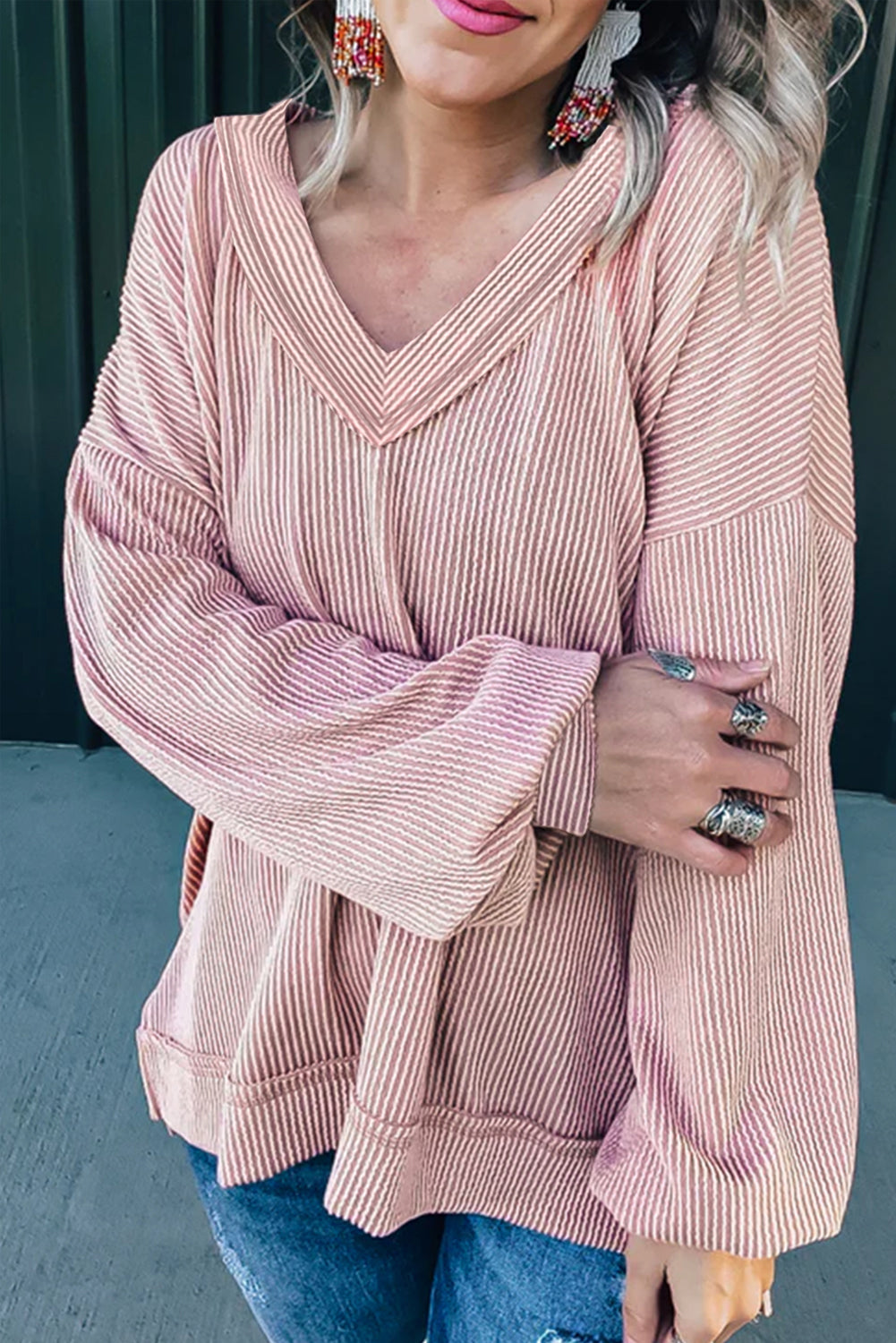 Loose V Neck Bubble Sleeve Knit Ribbed Top