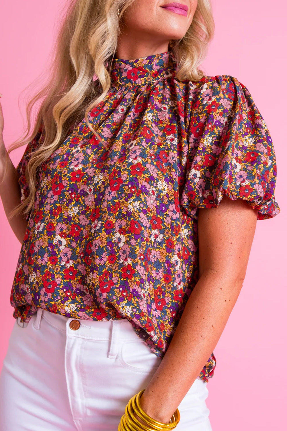 Floral Print Knotted High Neck Puff Sleeve Blouse