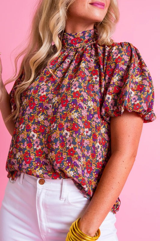 Floral Print Knotted High Neck Puff Sleeve Blouse