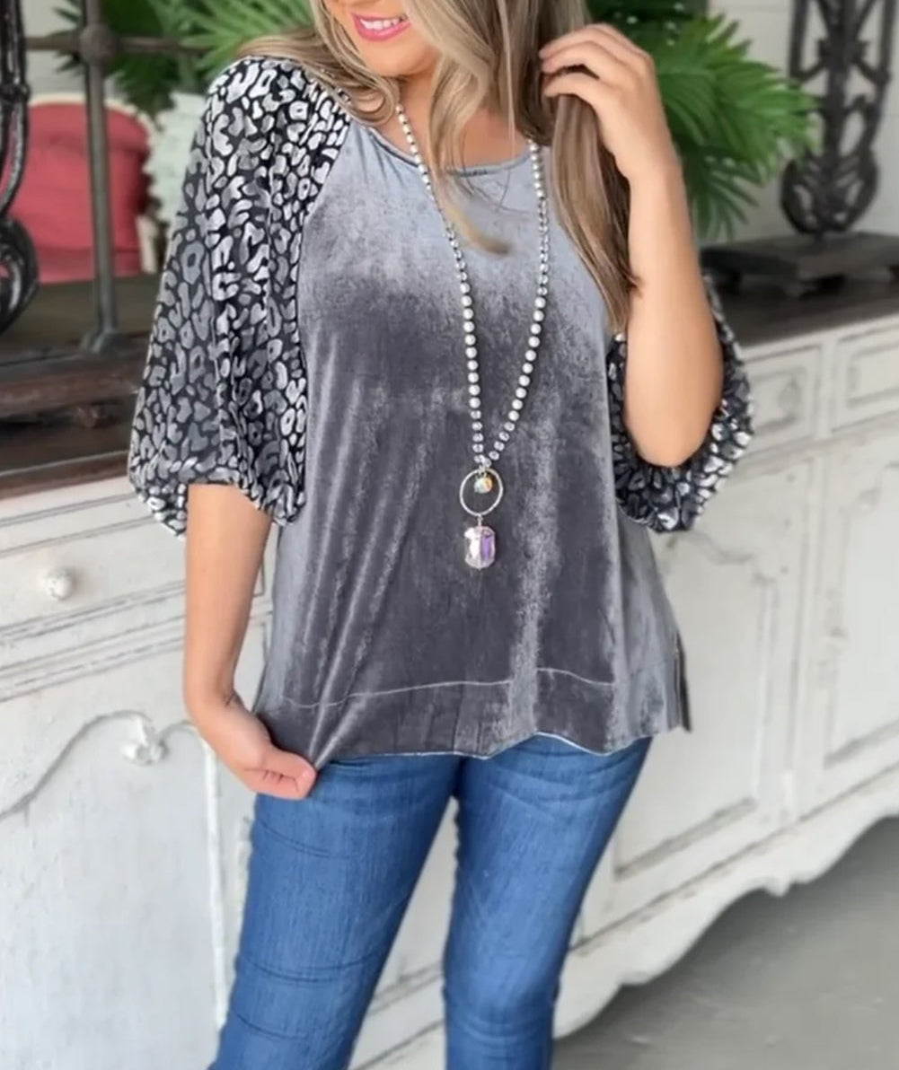 Leopard Splicing Lantern Sleeve Velvet Blouse