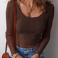 Solid Color Rib Knit U Neck Slim Fit Long Sleeve Top
