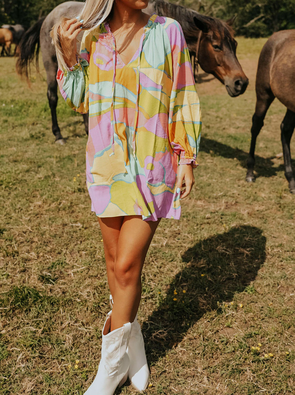 Abstract Print Frill Split Neck Babydoll Mini Dress