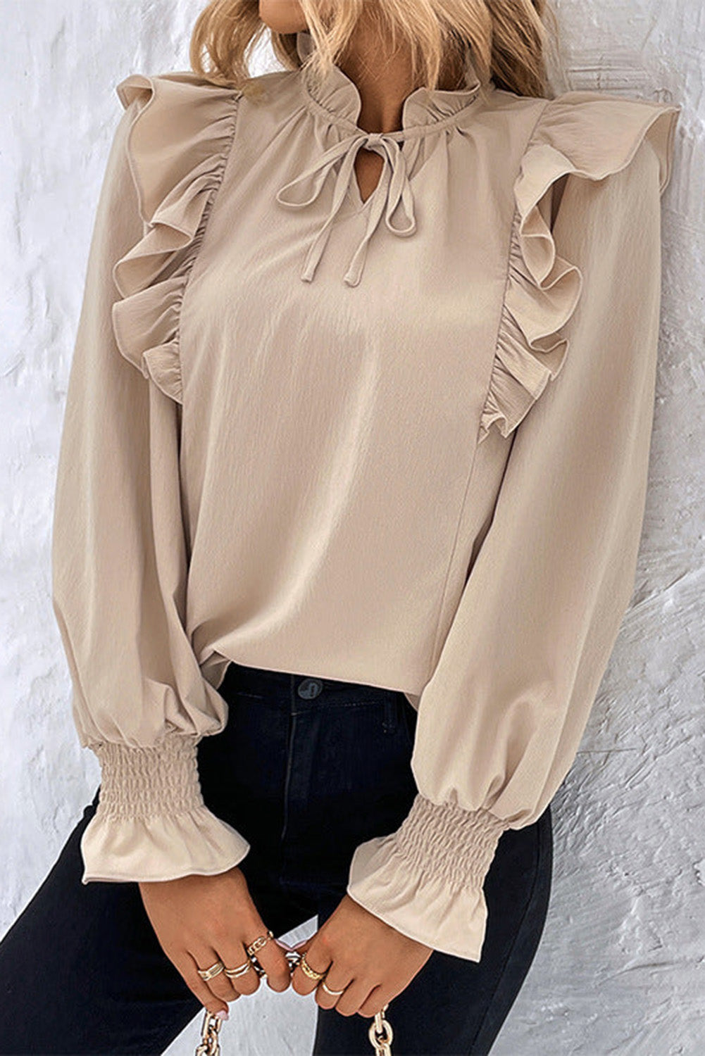 Ruffled Lace up Bubble Sleeve Blouse