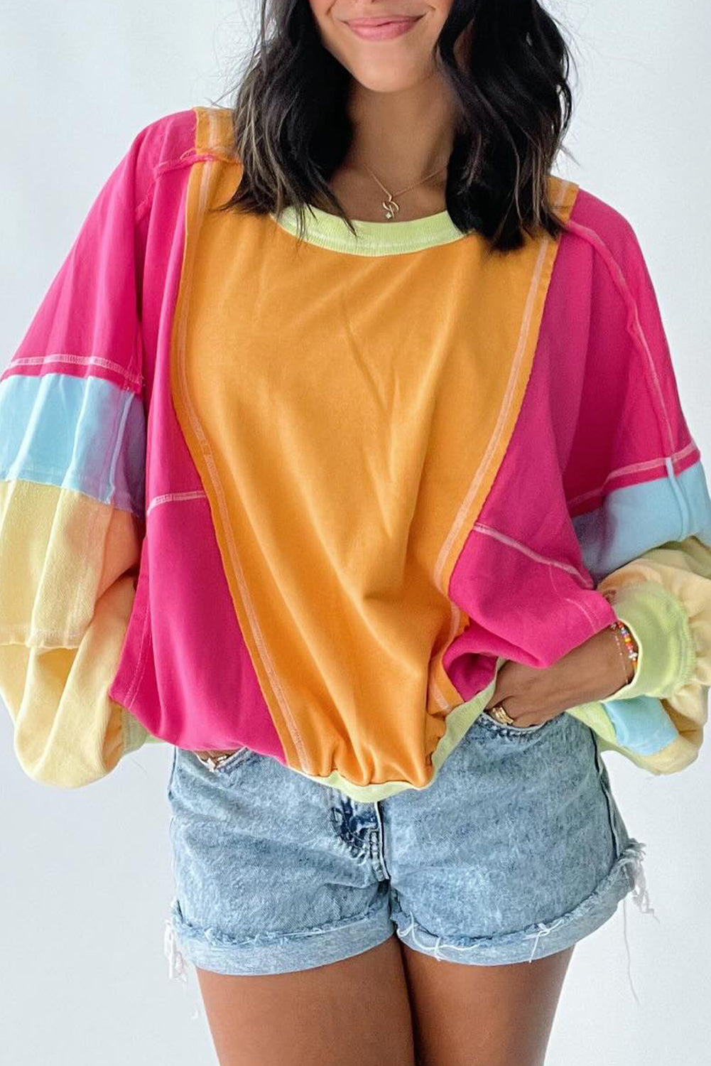 Plus Size Colorblock Patchwork Exposed Seam Sweatshirt