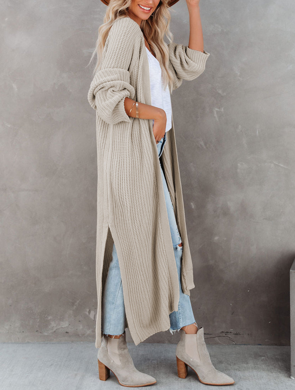 Open Front Side Slit Duster Knit Cardigan