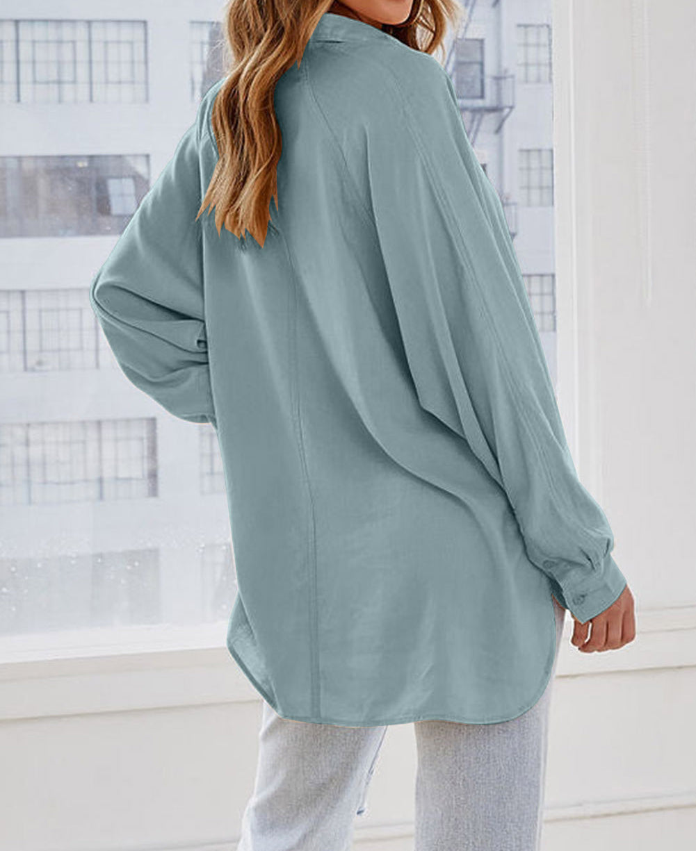 Solid Color Buttoned Long Sleeve Shirt with Chest Pocket