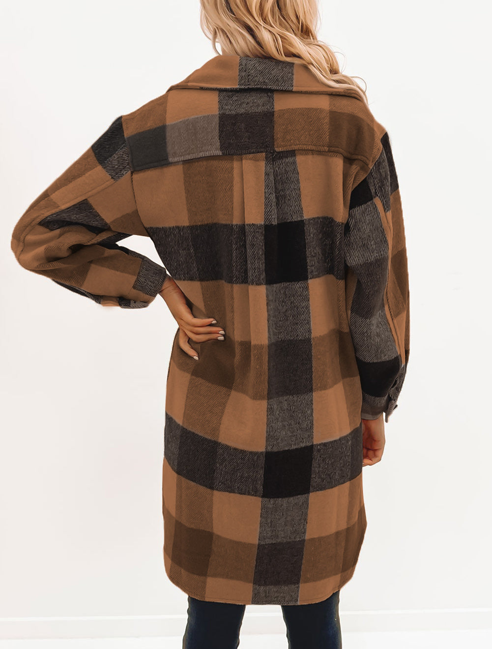 Tan Plaid Button-Down Flap Pocket Long Shacket