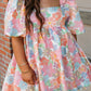 Floral Puff Sleeve Square Neck Plus Babydoll Dress