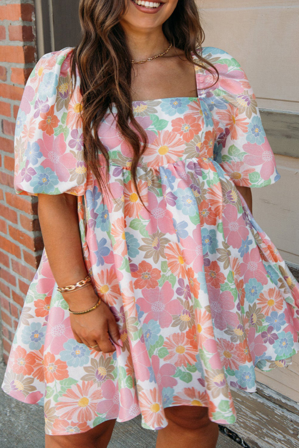 Floral Puff Sleeve Square Neck Plus Babydoll Dress