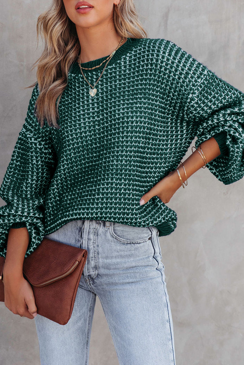 Heathered Knit Drop Shoulder Puff Sleeve Sweater