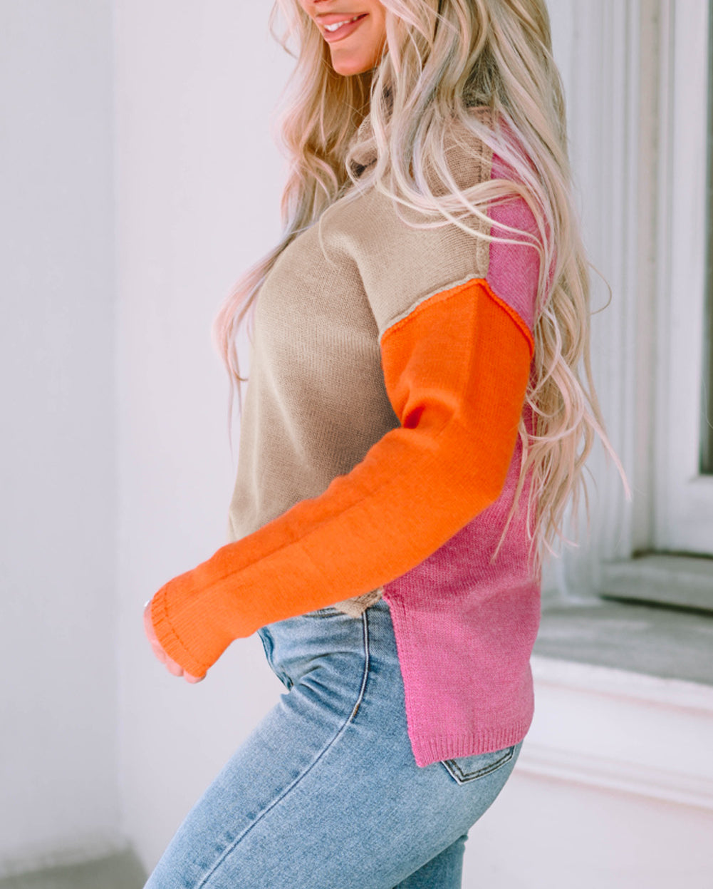 Color Block Turtle Neck Drop Shoulder Knit Sweater
