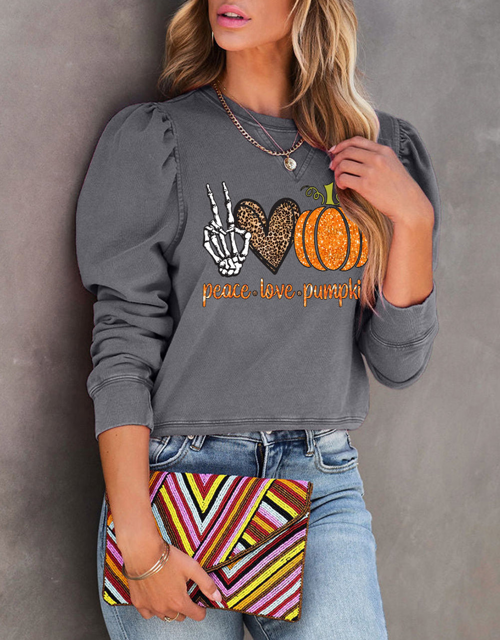 Halloween Slogan Graphic Puff Sleeve Sweatshirt