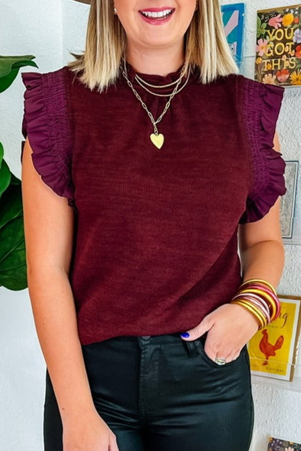 Ruffled Flutter Sleeve Frilled Neck Blouse