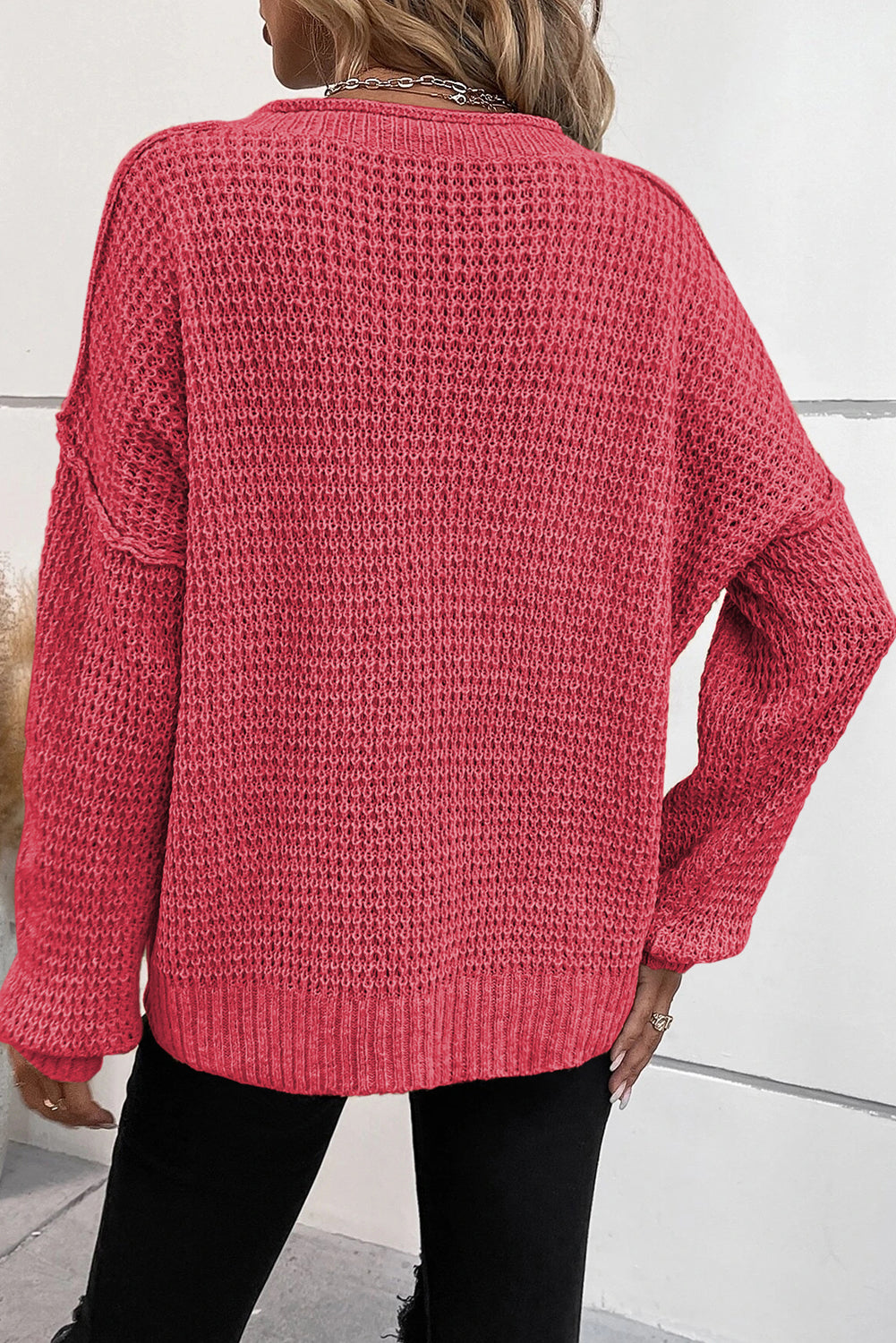 Pointelle Knit Button V Neck Drop Shoulder Sweater