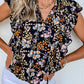 Floral Print Ruffle Drawstring V Neck Blouse