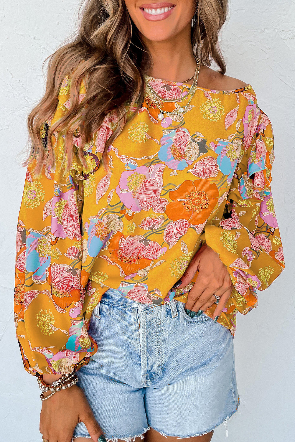 Floral Print Ruffle Puff Sleeve Blouse