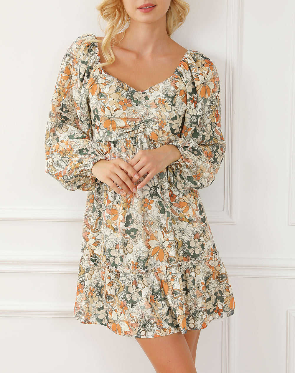 Floral Print Smocked Back Puff Sleeve Mini Dress
