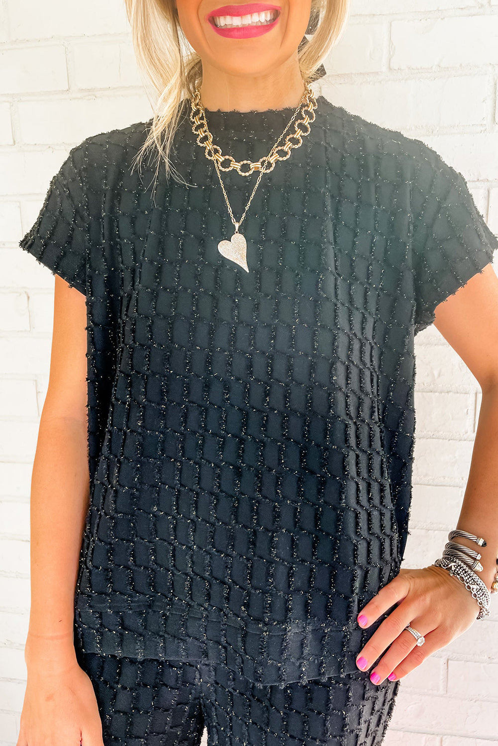 Metallic Lattice Textured Casual Two Piece Set